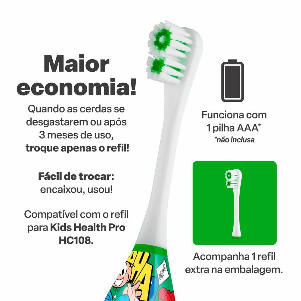 Escova Eletrica Sonica Infantil Kids Health Pro Cebolinha Turma da Monica - HC271