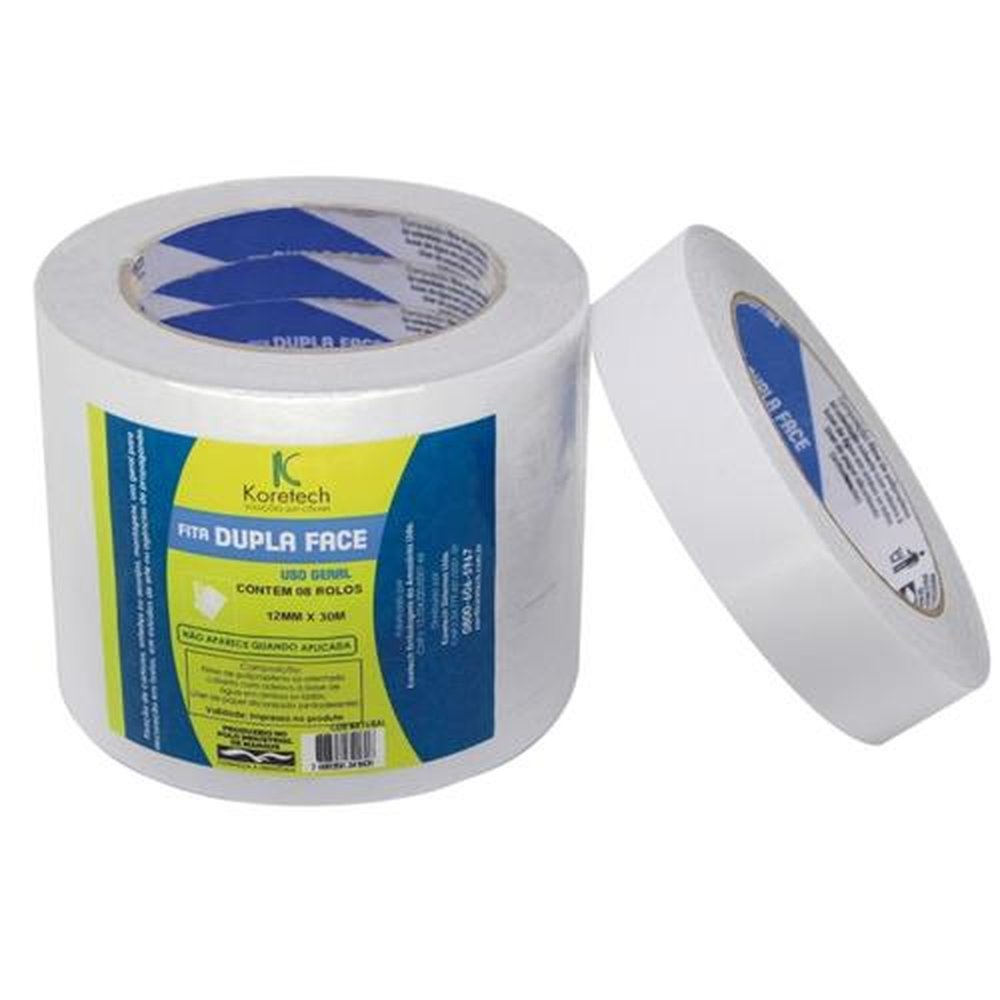 Fita Dupla Face Koretech Uso Geral 12x30mm | Embalagem 8 Unidades
