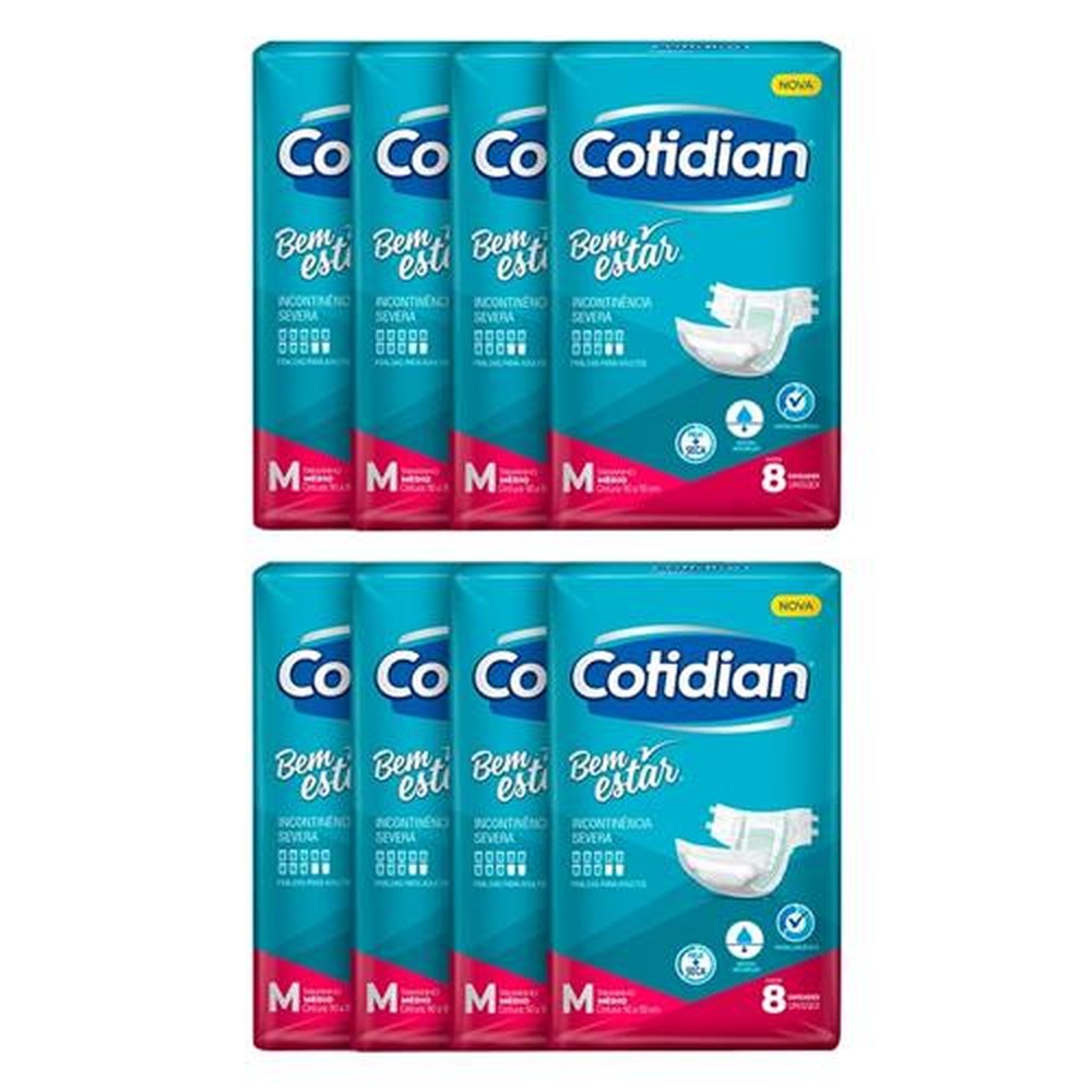 Fralda Geriátrica Cotidian Bem Estar Confort Plus Tamanho M - 8 Pacotes com 8 Unidades Cada
