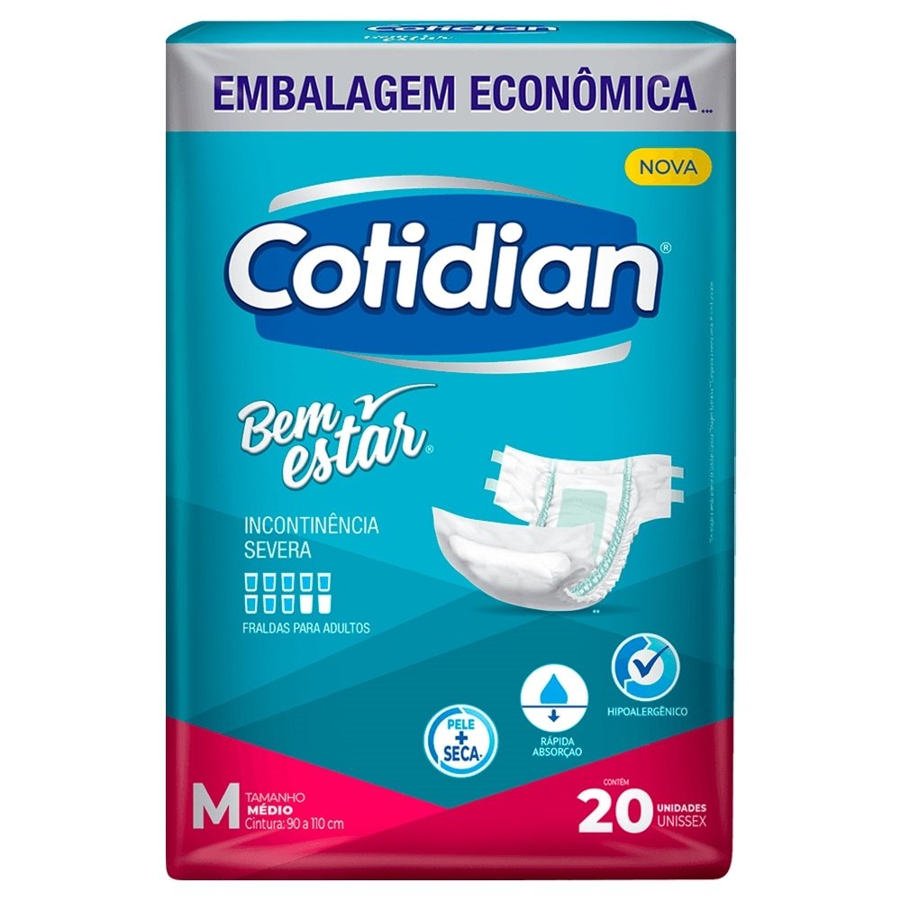 Fralda Geriátrica Cotidian Bem Estar Confort Plus Tamanho M - 4 Pacotes com 20 Unidades Cada