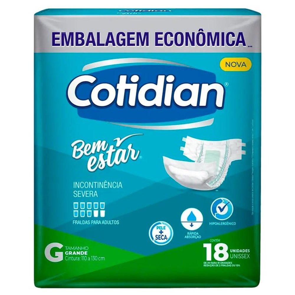 Fralda Geriátrica Cotidian Bem Estar Confort Plus Tamanho G - 4 Pacotes com 18 Unidades Cada