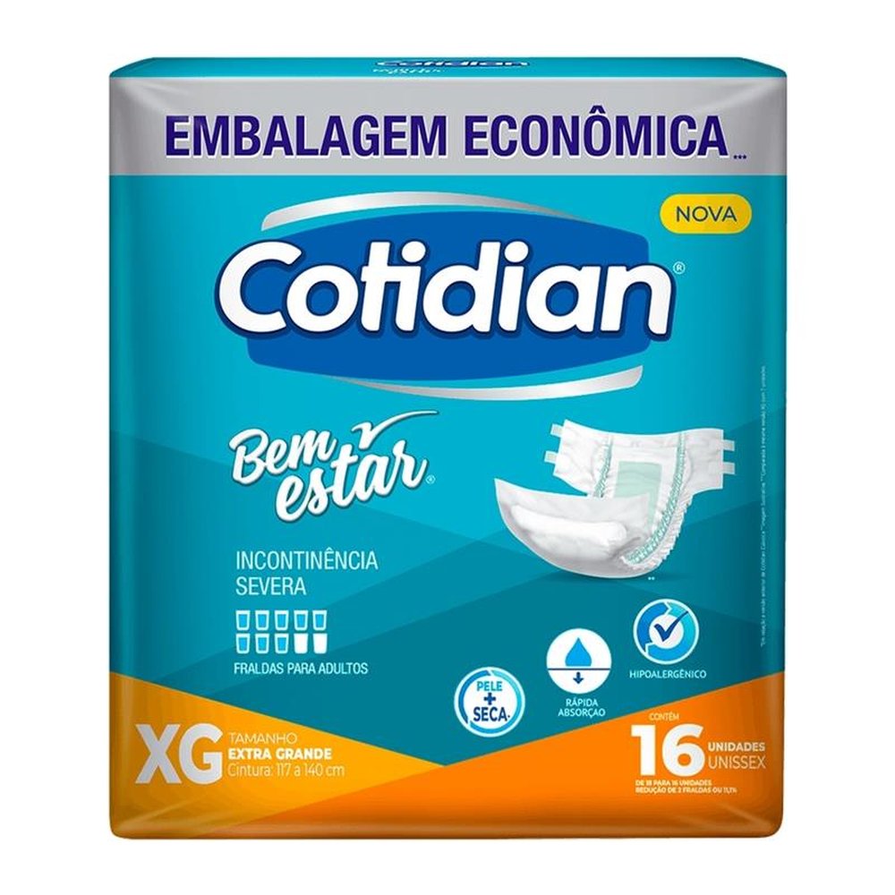 Fralda Geriátrica Cotidian Bem Estar Confort Plus Tamanho XG - 4 Pacotes com 16 Unidades Cada