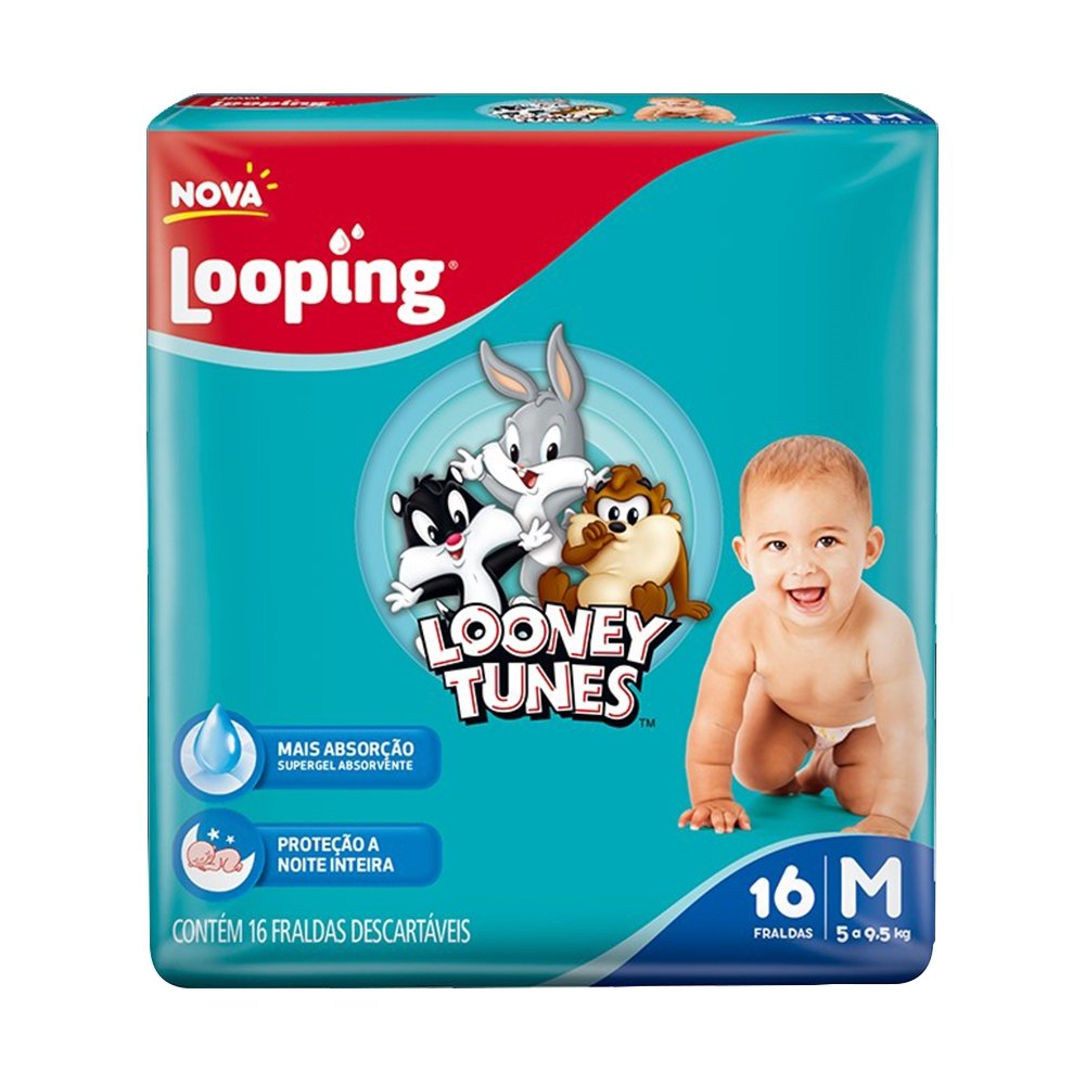 Fralda Descartável Looping Looney Tunes Jumbinho Média - 8 Pacotes com 16 Fraldas - Total 128 Tiras