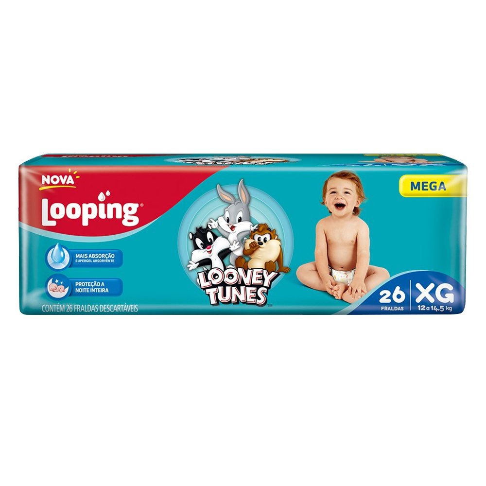 Fralda Descartável Looping Looney Tunes Mega Extra Grande - 6 Pacotes com 26 Fraldas - Total 156 Tiras