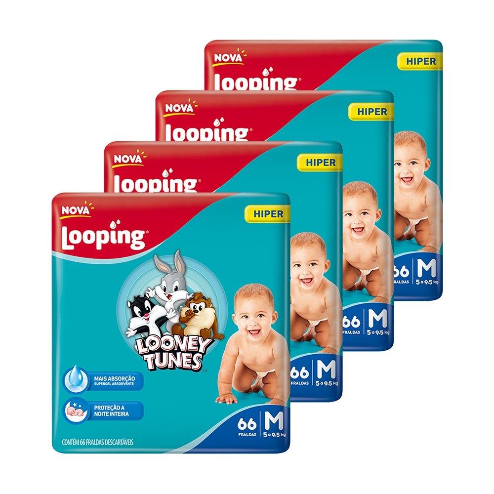 Fralda Descartável Looping Looney Tunes Hiper Média - 4 Pacotes com 66 Fraldas - Total 264 Tiras