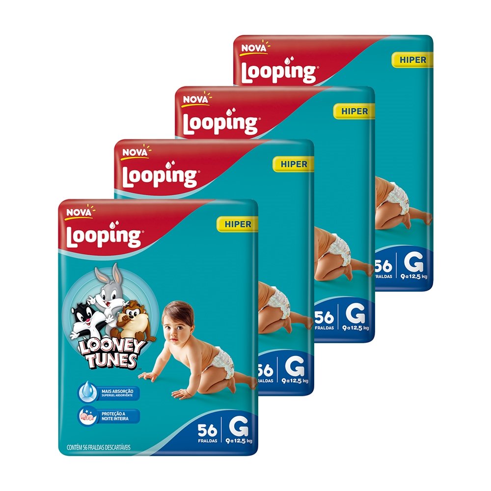 Fralda Descartável Looping Looney Tunes Hiper Grande - 4 Pacotes com 56 Fraldas - Total 224 Tiras