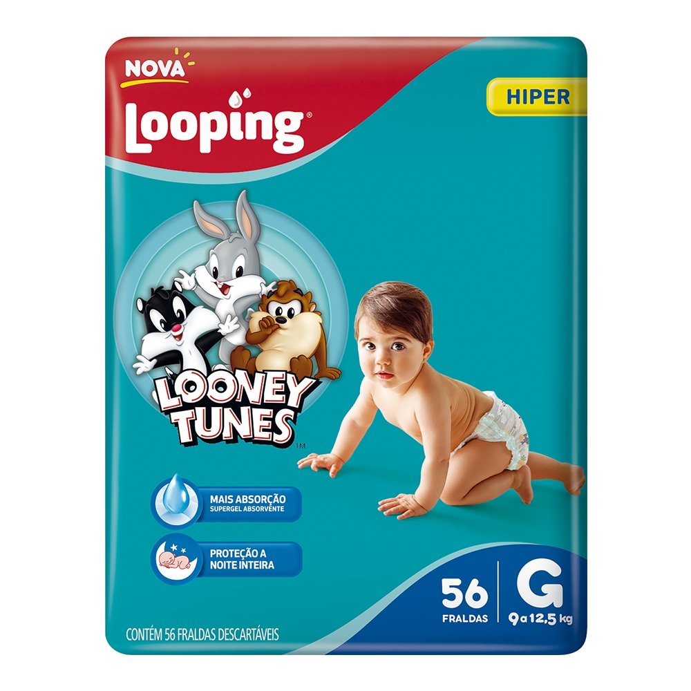 Fralda Descartável Looping Looney Tunes Hiper Grande - 4 Pacotes com 56 Fraldas - Total 224 Tiras