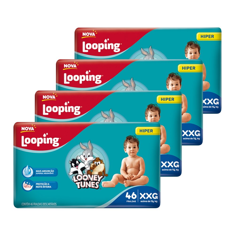 Fralda Descartável Looping Looney Tunes Hiper Extra Extra Grande - 4 Pacotes com 46 Fraldas - Total 184 Tiras