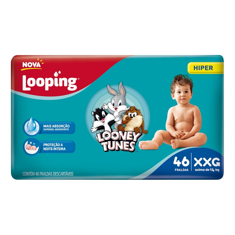 Fralda Descartável Looping Looney Tunes Hiper Extra Extra Grande - 4 Pacotes com 46 Fraldas - Total 184 Tiras