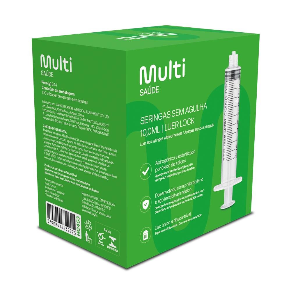 Seringa Luer Lock 10ml sem Agulha caixa com 100 Unidades Multi Saude - HC453
