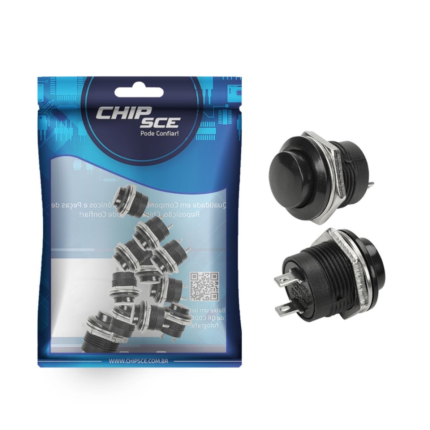 Chave Push Button 2 Terminais Sem Trava R13-507 Preto - 10 Unidades - ChipSCE
