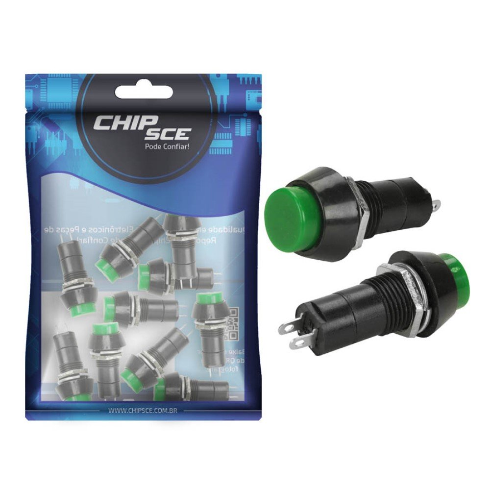 Chave Push Button 2 Terminais N/A Psb-11b Verde - 10 Unidades - ChipSCE