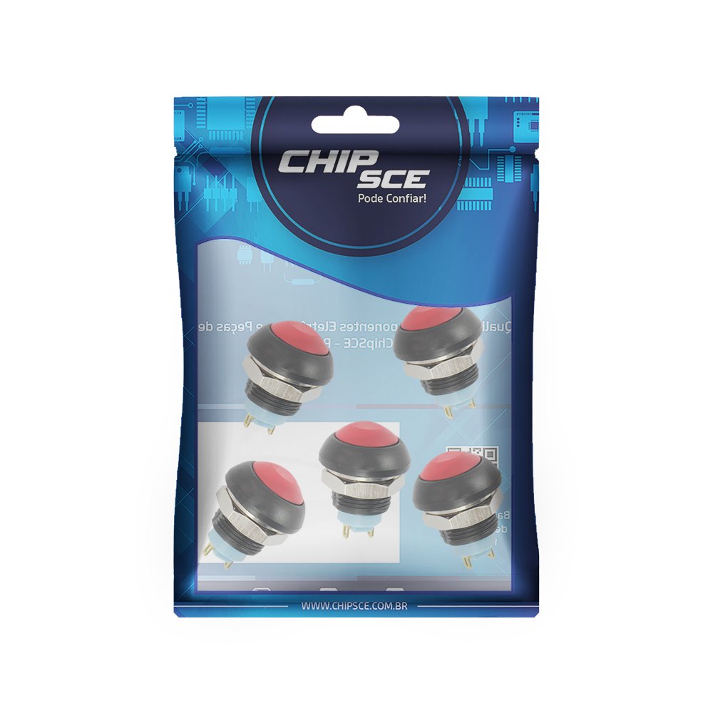 Chave Push Button 2 Terminais 12mm Ds-12b - Vermelho - 5 Unidades