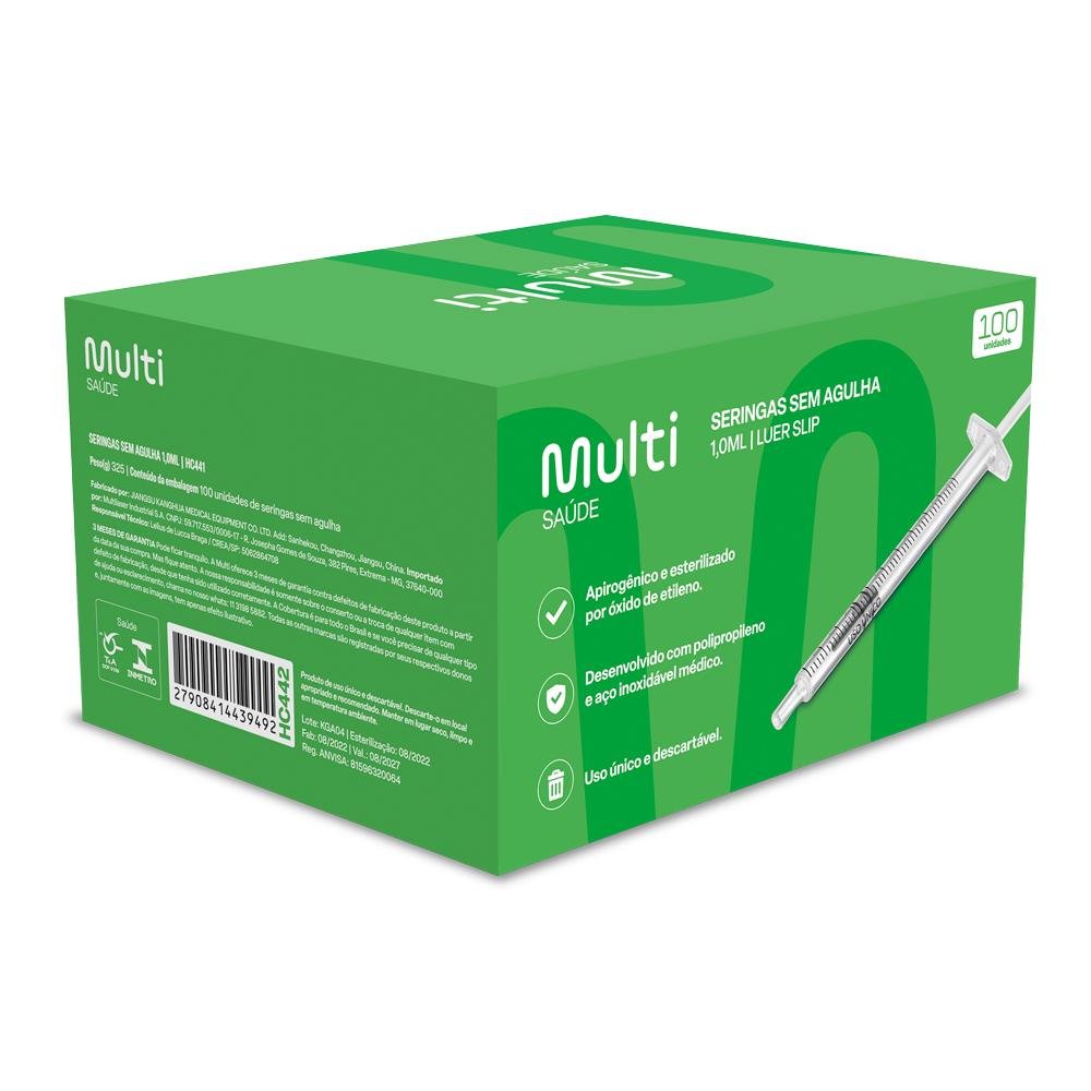 Seringa Luer Slip 1ml Sem Agulha Caixa com 100 Unidades Multi Saude - HC442