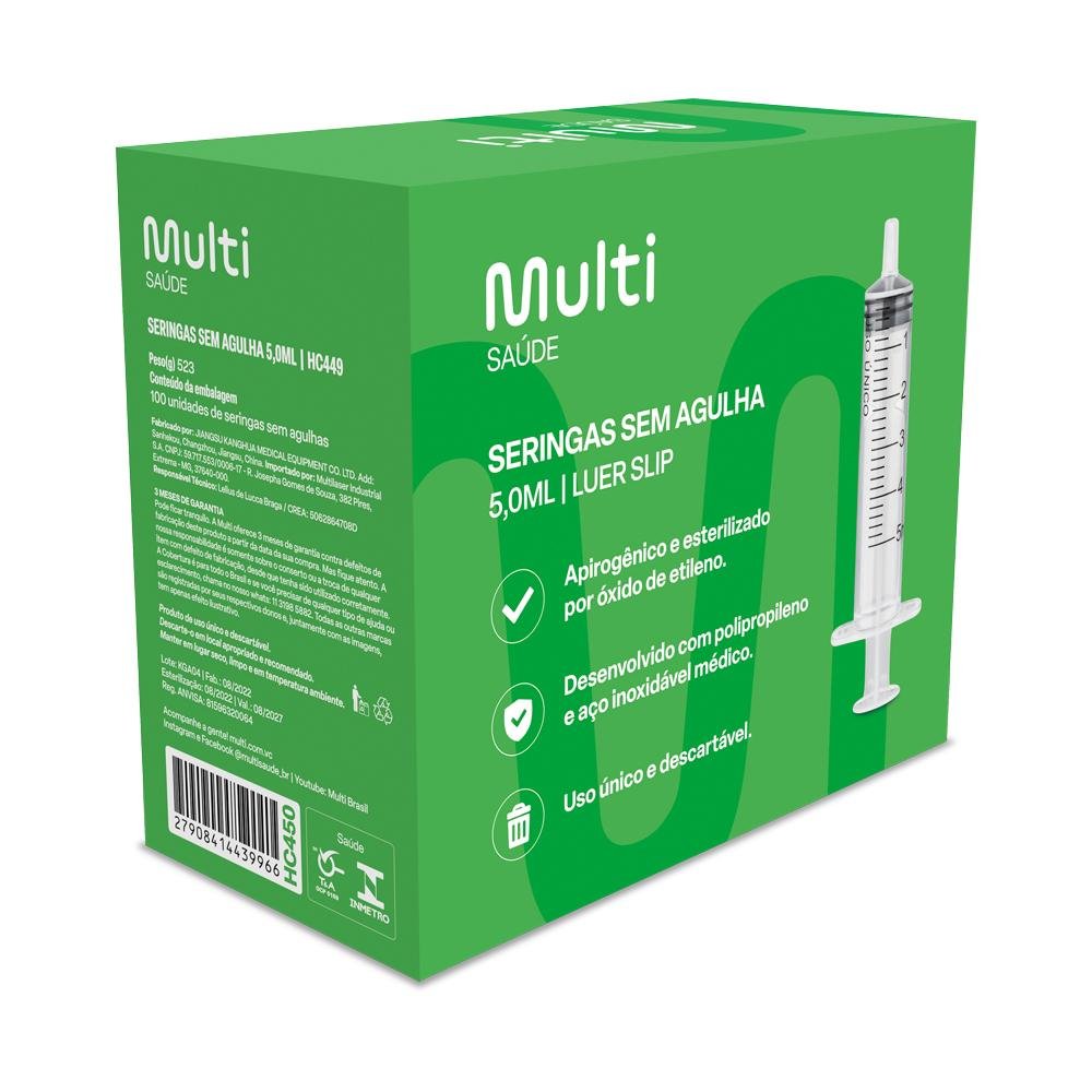 Seringa Luer Slip 5ml sem Agulha caixa com 100 Unidades Multi Saude - HC450
