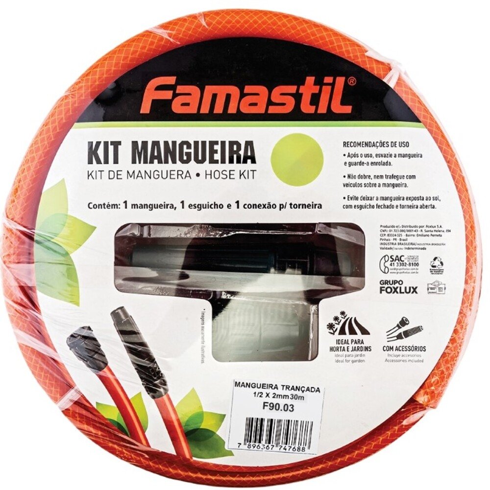 Mangueira de Jardim Famastil - Trançada Com Kit 1/2X2mm Laranja 30m