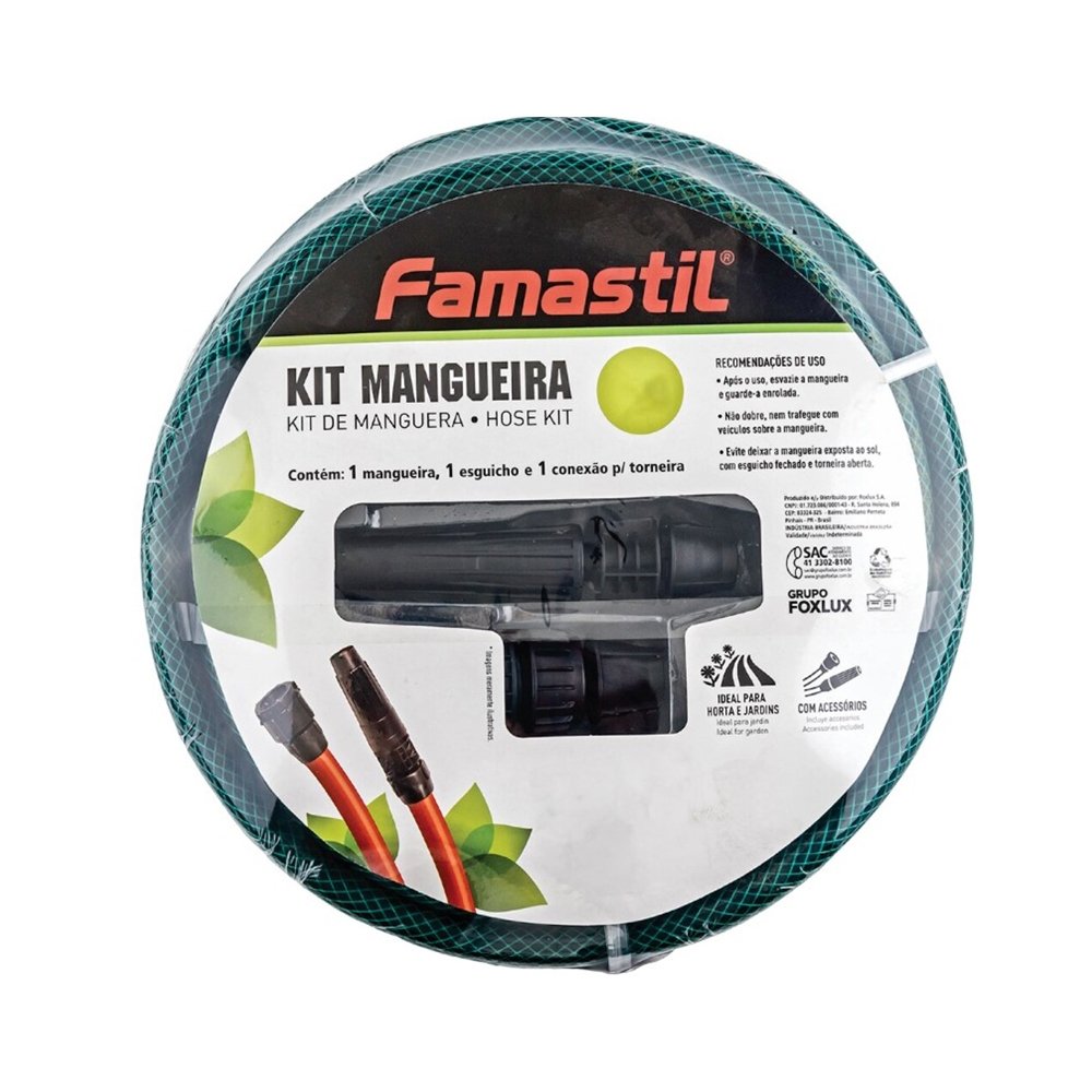 Mangueira de Jardim Famastil - Trançada Com Kit 7/16X1,5mm Verde 30m