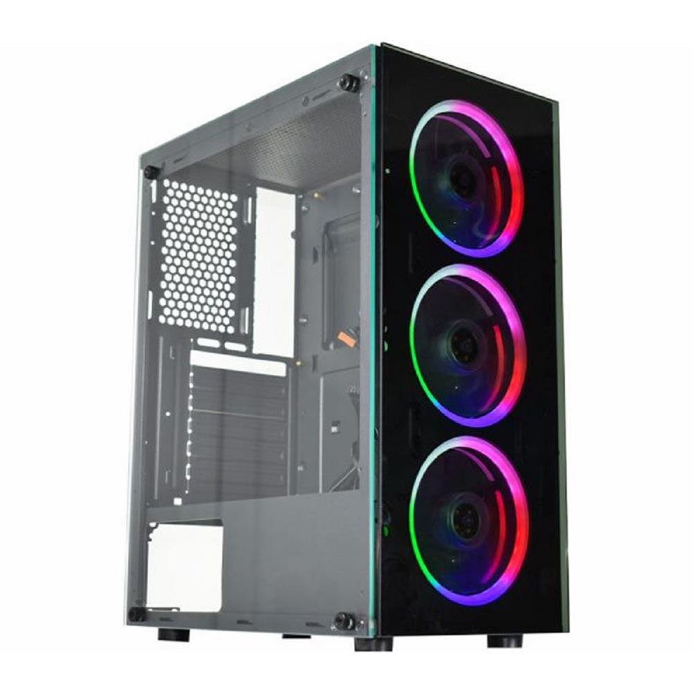 Gabinete Gamer K-Mex Divinus Cg-Al10, Rainbow, Mid-Tower, Vidro Temperado, 3 Fans, Preto