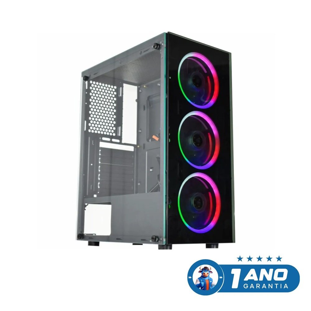 Gabinete Gamer K-Mex Divinus CG-AL10, Rainbow, Mid-Tower, Vidro Temperado, 3 Fans, Preto