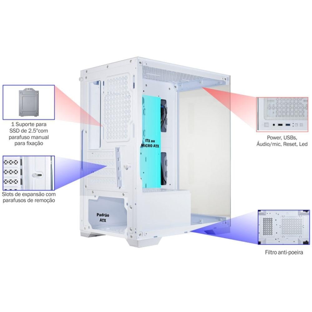 Gabinete Gamer K-mex Aquario Poseidon White Micro Atx - Cg-w1h5