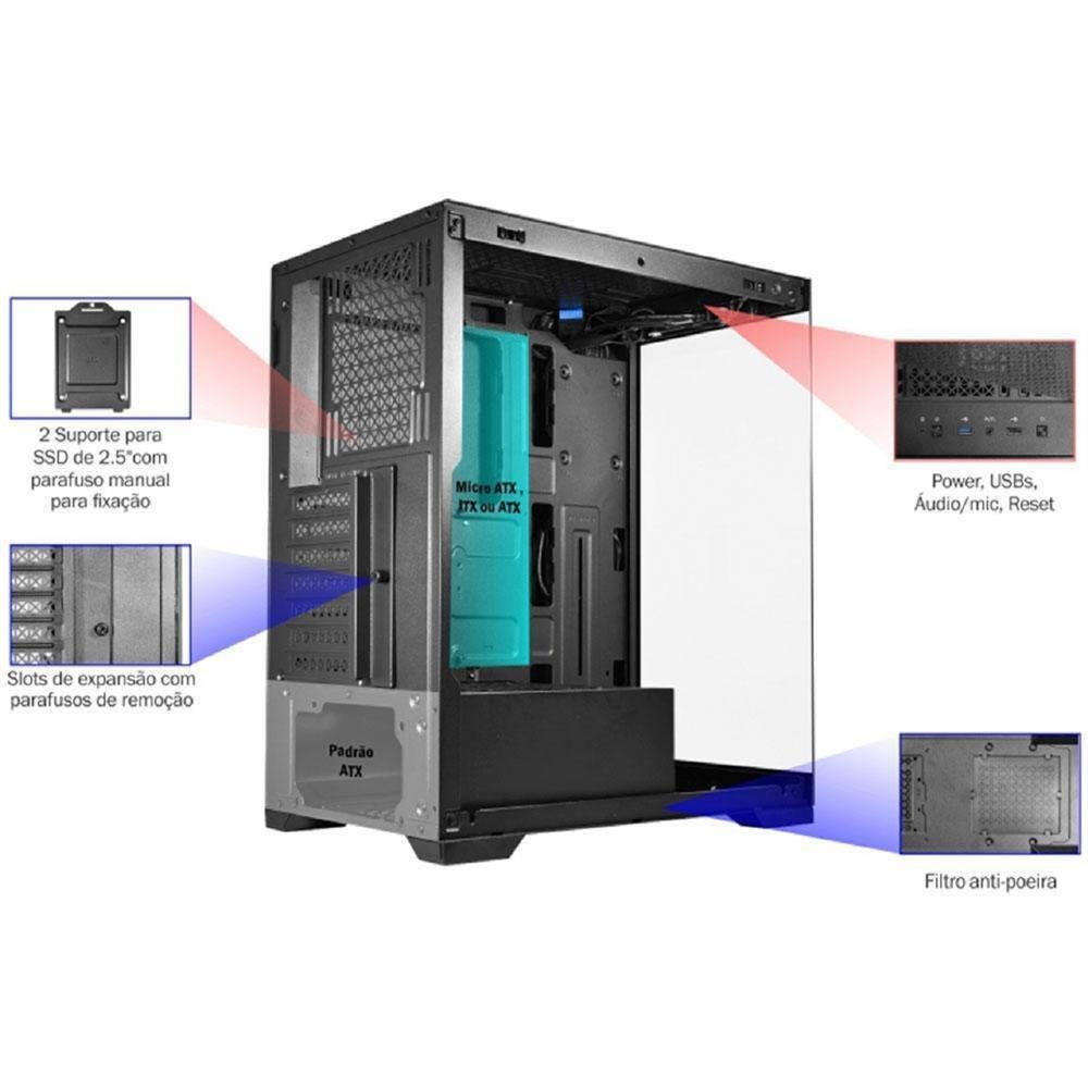 Gabinete Gamer K-Mex Aquario Poseidon CG-11G4, Mid Tower, Vidro Temperado, Sem Fonte, Sem Fan, Preto
