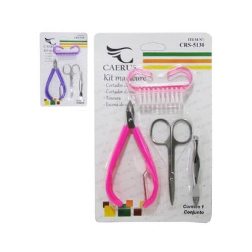 Kit Manicure Alicate, Pinça, Tesoura e Escova - Embalagem Contém 4 Unidades
