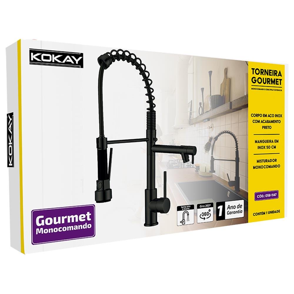 Torneira Gourmet Monocomando Com Spray Extensor Preto - KOKAY