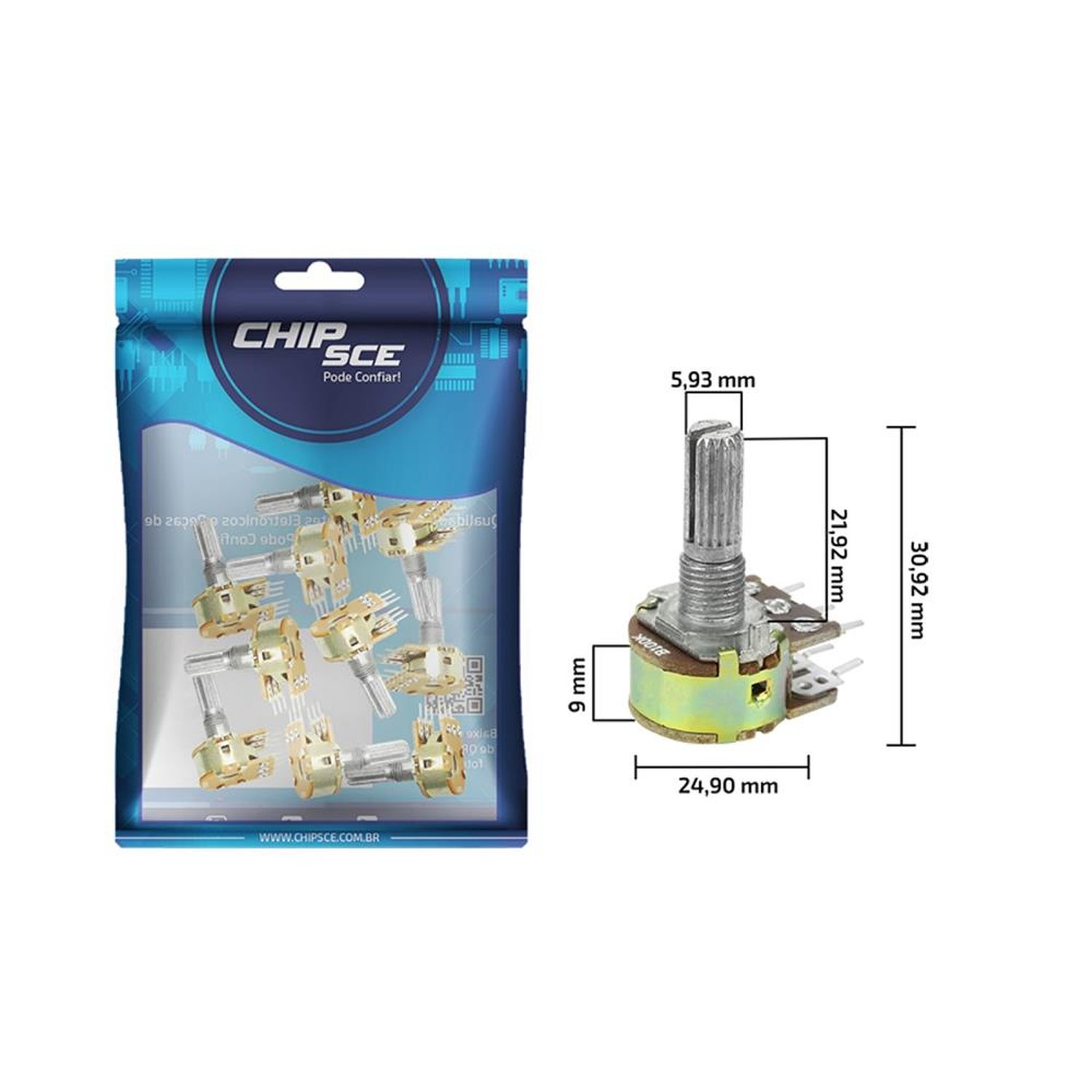 Potenciometro Duplo Linear 100kb L20 16mm - ChipSCE