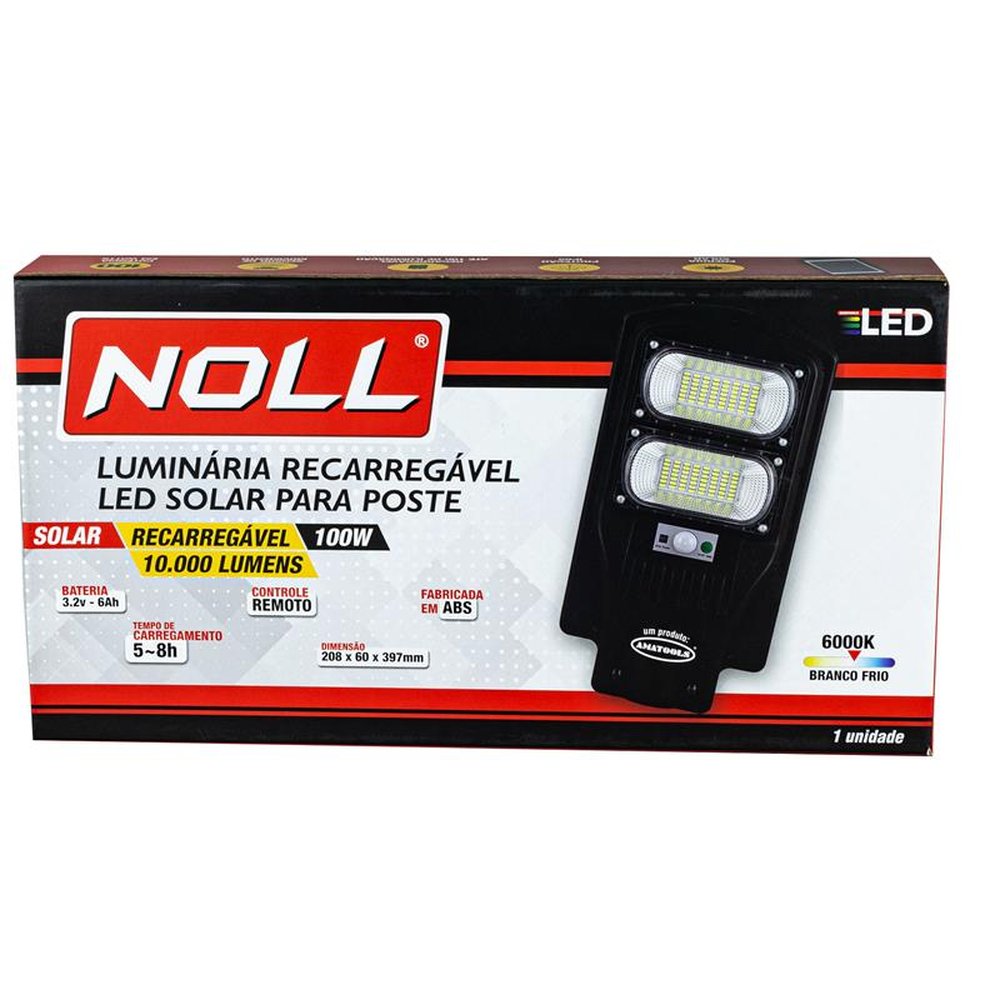 Luminária Recarregável Led Solar Para Poste 100W - 6000K Noll
