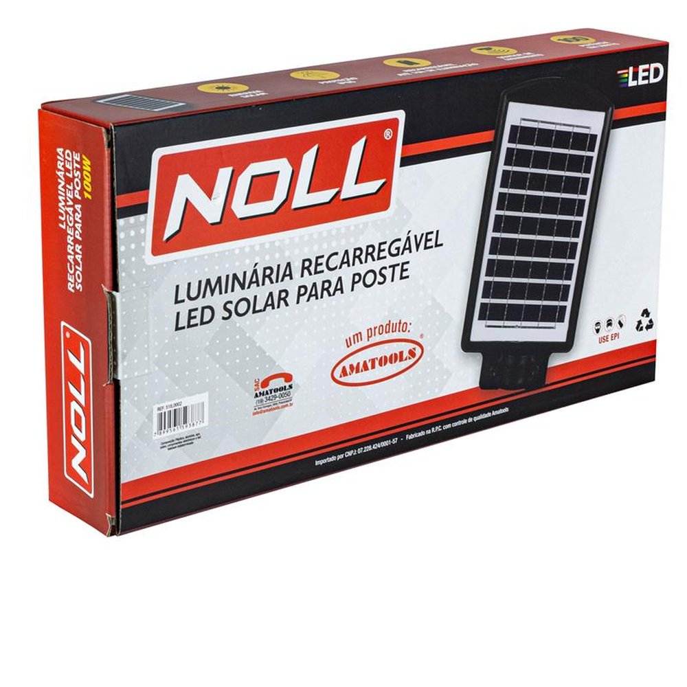 Luminária Recarregável Led Solar Para Poste 100W - 6000K Noll