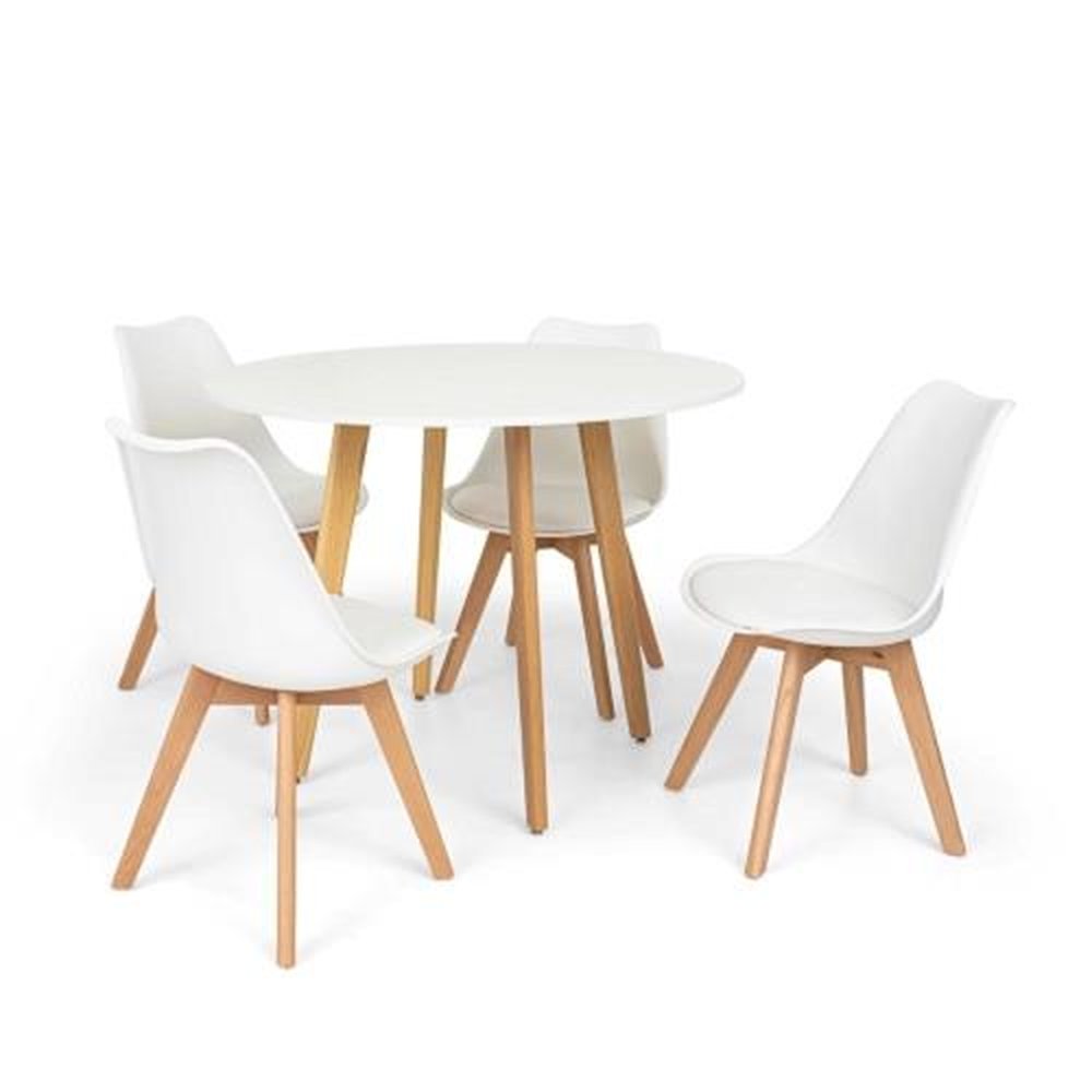Kit - Mesa Redonda Leda 80 Cm Branco + 4 Cadeiras Estofadas Leda Brancas