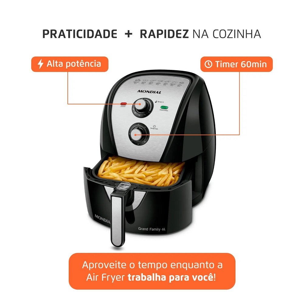 Fritadeira Eletrica Air Fryer 6 Litros, 1900w, 220v, Preta, Afn-60-Bi, Mondial