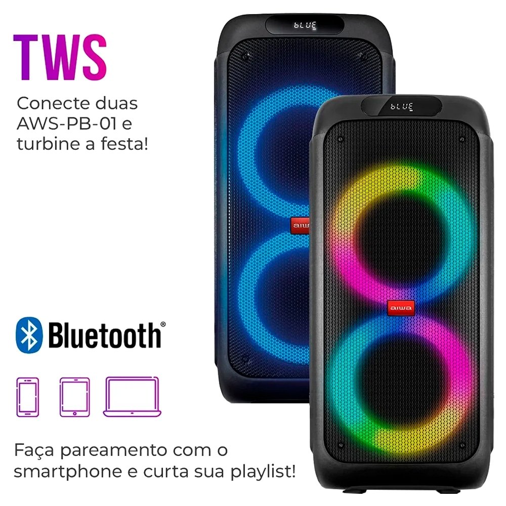 Caixa de Som Amplificada Aiwa Party Box AWSPB01 - Entrada AUX, USB, Bluetooth, 200W RMS, Preto, Bivolt