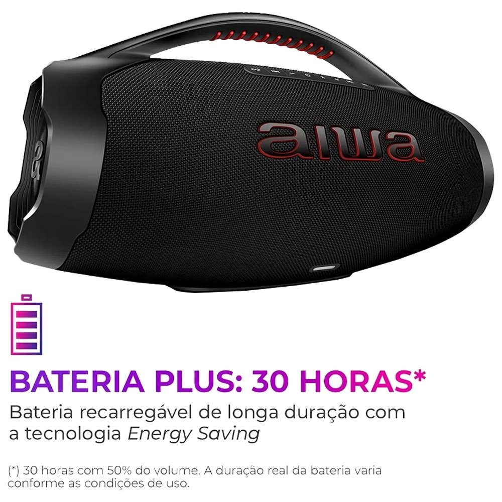 Caixa de Som Boombox Plus Aiwa AWS BBS-01 - Entrada USB, Bluetooth, BT 30H, IP66, Preto, 200W RMS