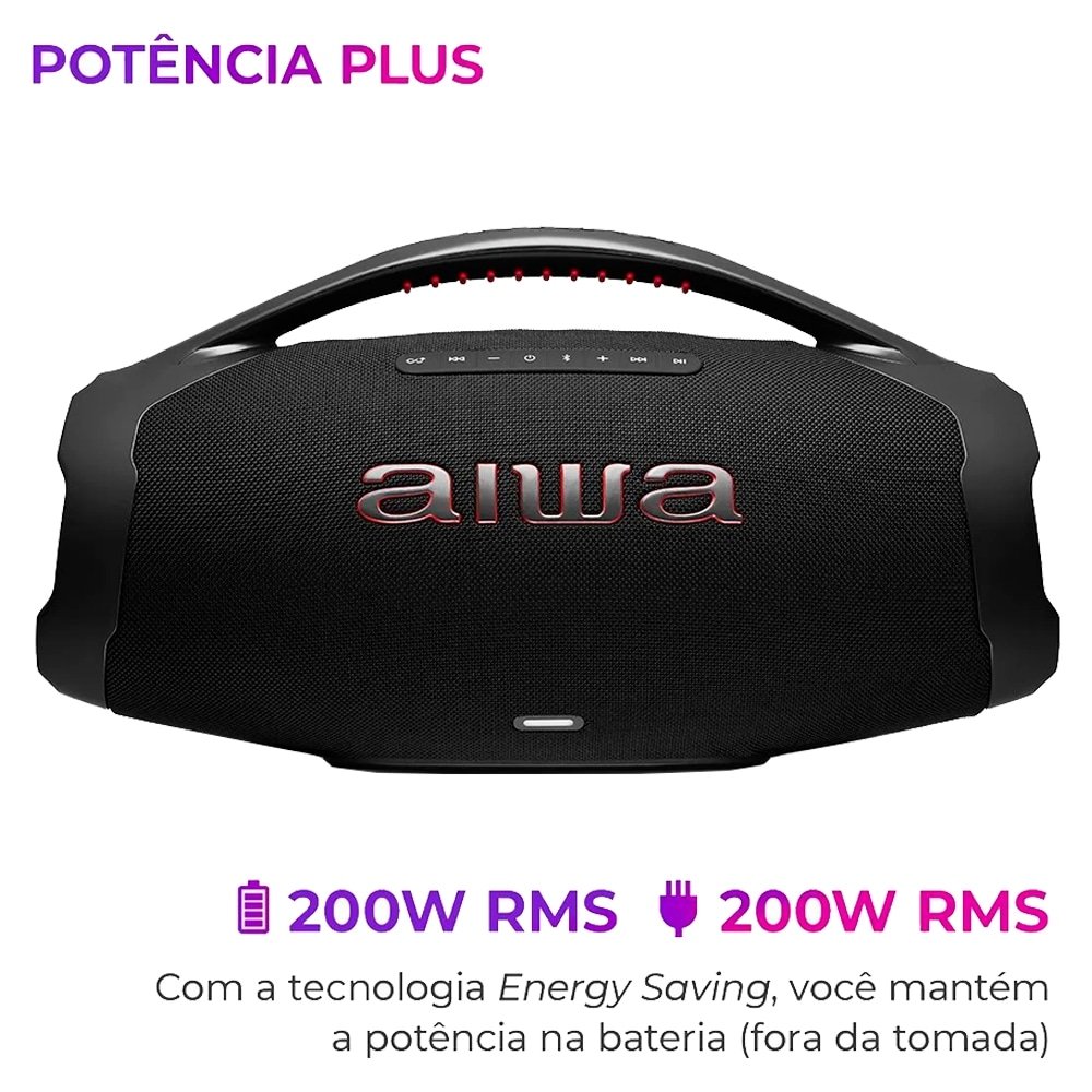 Caixa de Som Boombox Plus Aiwa AWS BBS-01 - Entrada USB, Bluetooth, BT 30H, IP66, Preto, 200W RMS