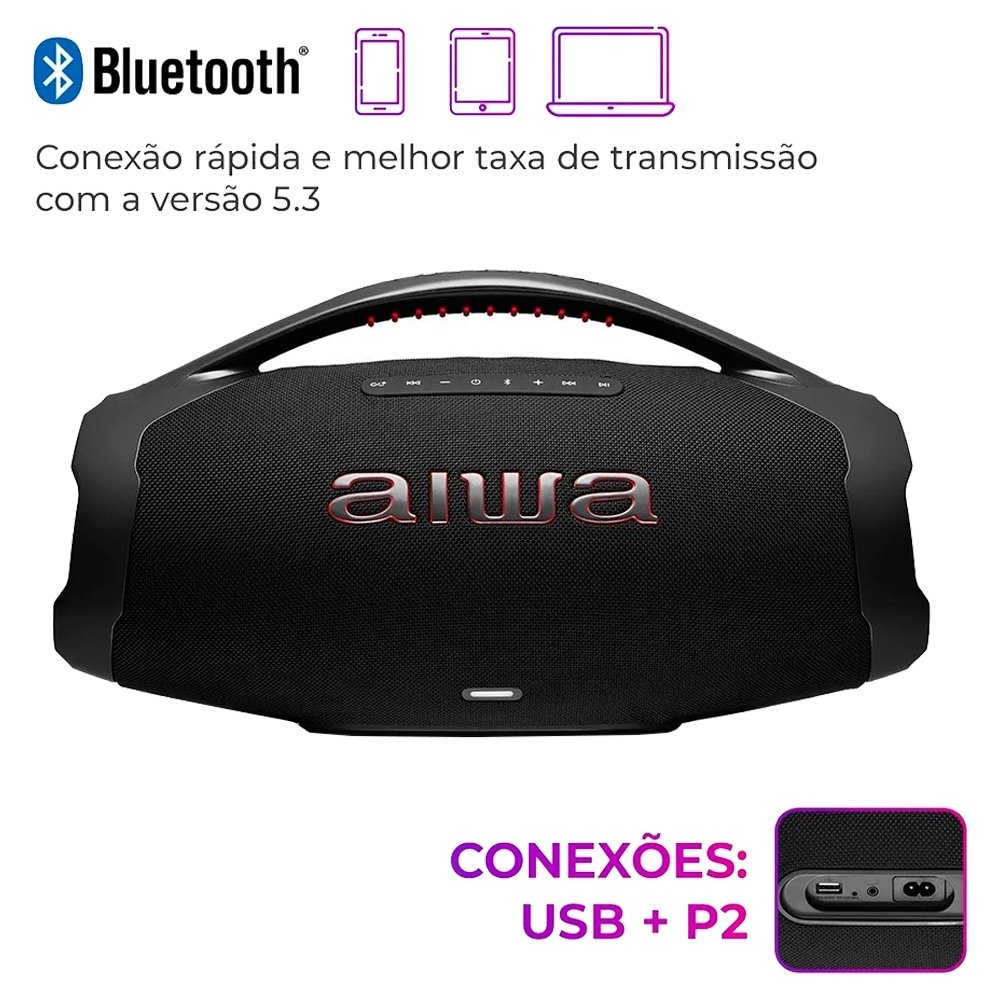 Caixa de Som Boombox Plus Aiwa AWS BBS-01 - Entrada USB, Bluetooth, BT 30H, IP66, Preto, 200W RMS