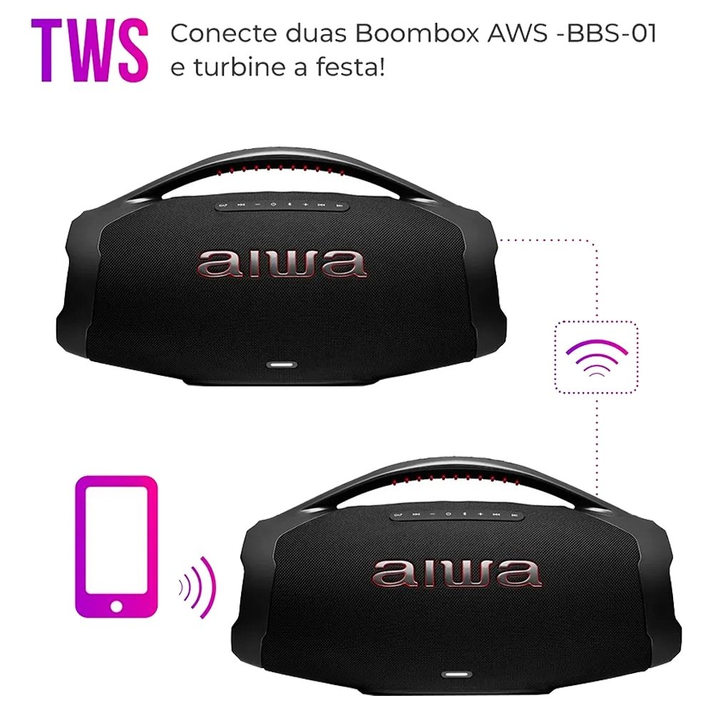 Caixa de Som Boombox Plus Aiwa AWS BBS-01 - Entrada USB, Bluetooth, BT 30H, IP66, Preto, 200W RMS