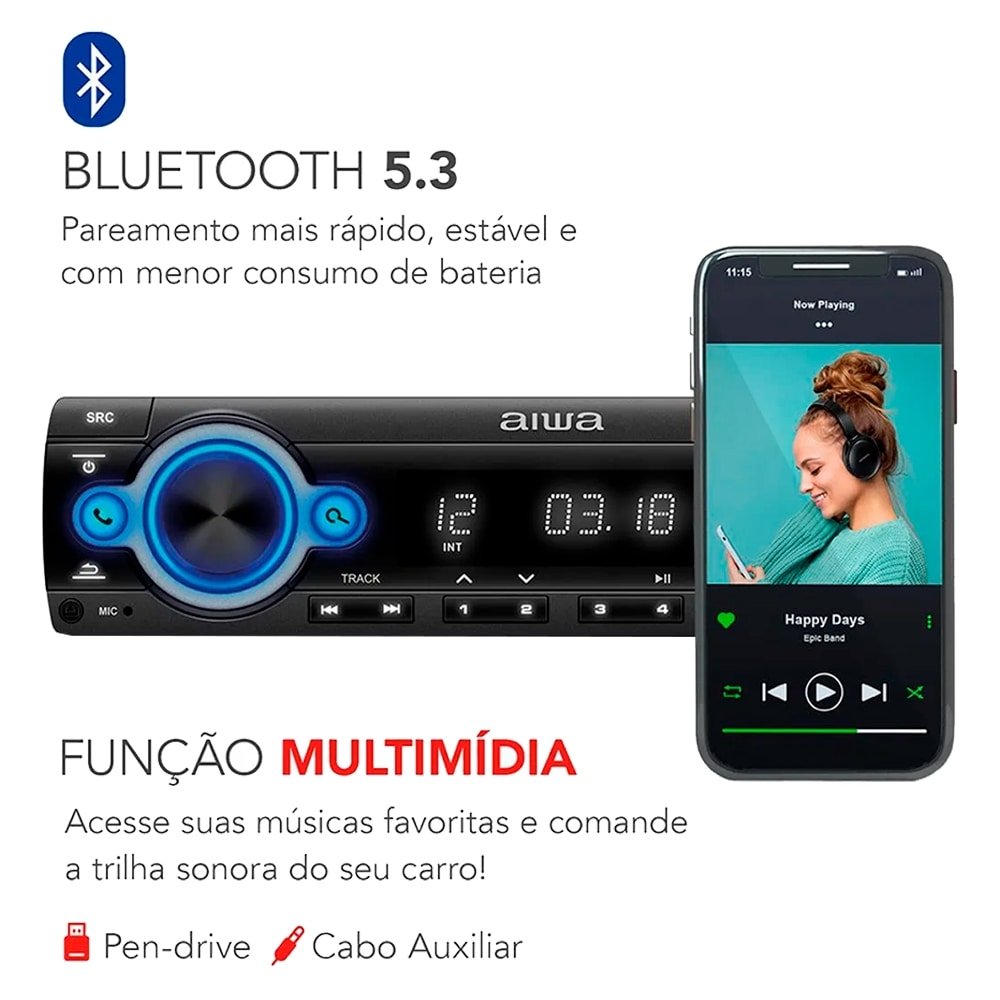 Som Automotivo Car Aiwa AWS-CA-D-01 - Entrada Aux, Pen Drive, Preto, 100W RMS