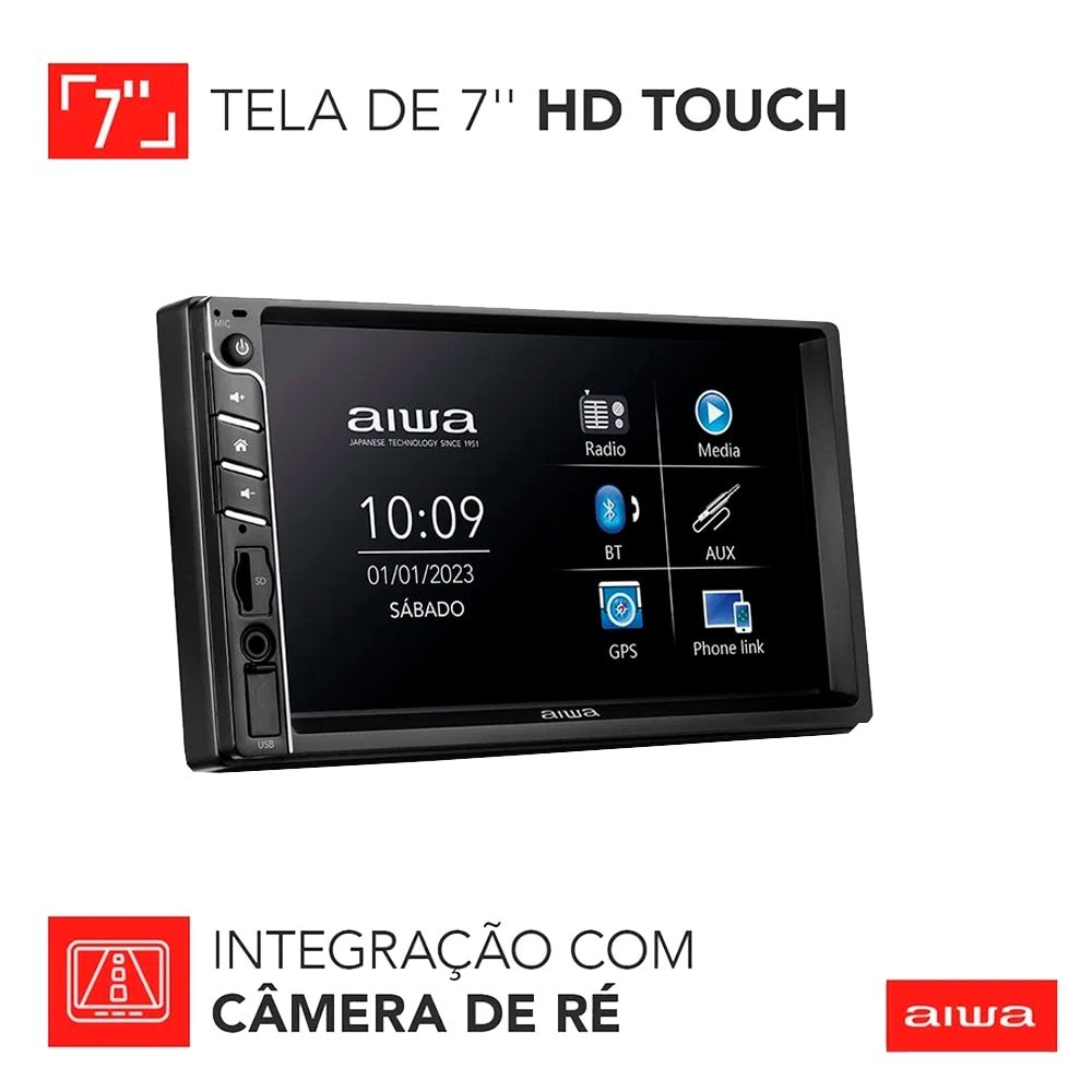 Som Automotivo Aiwa AWS-CA-DD-01 - Central Multimidia Car, USB, Aux, Pen Drive, SD Card, Preto, 100W RMS