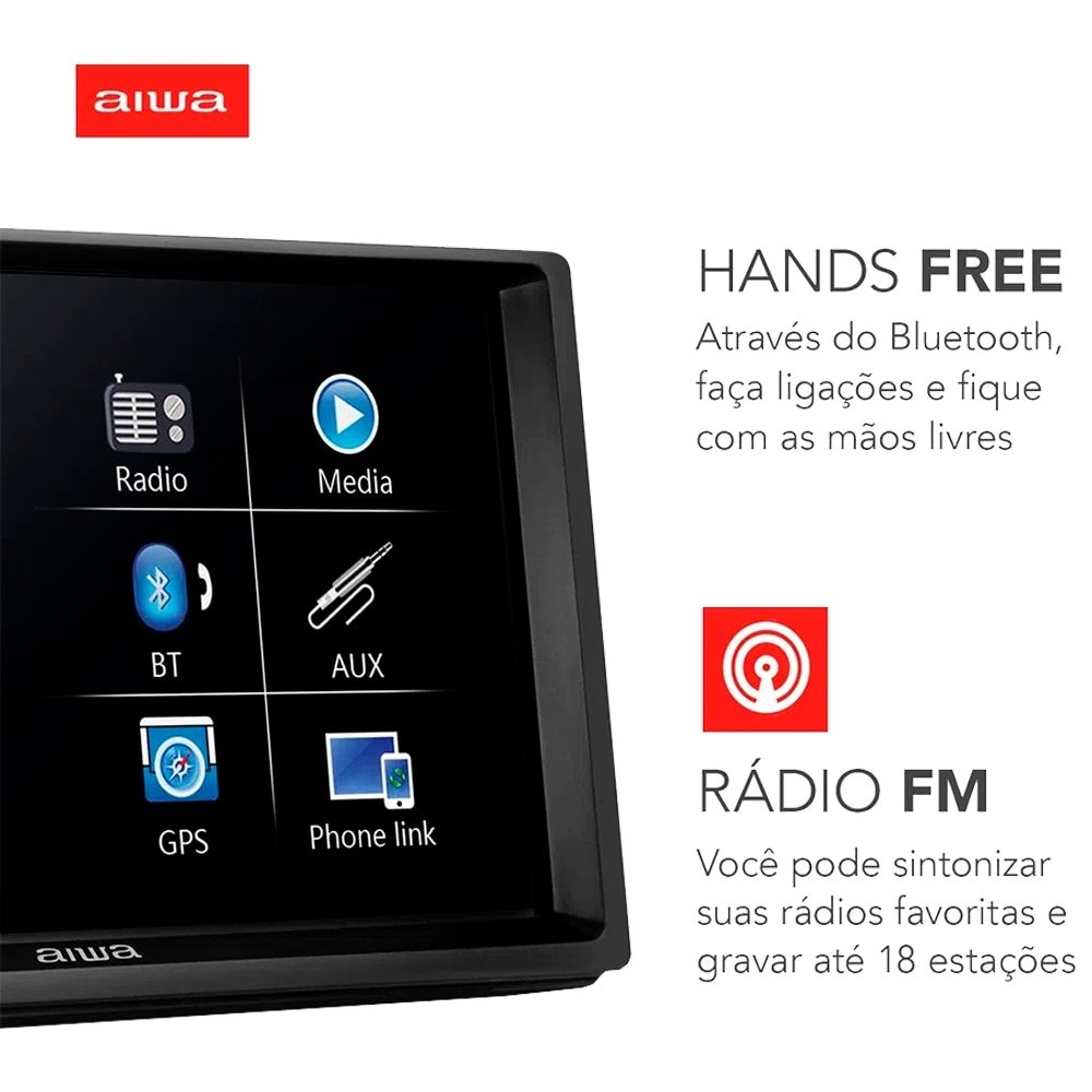 Som Automotivo Aiwa AWS-CA-DD-01 - Central Multimidia Car, USB, Aux, Pen Drive, SD Card, Preto, 100W RMS