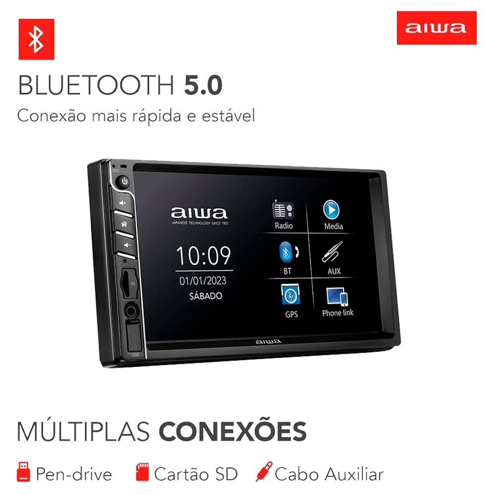 Som Automotivo Aiwa AWS-CA-DD-01 - Central Multimidia Car, USB, Aux, Pen Drive, SD Card, Preto, 100W RMS