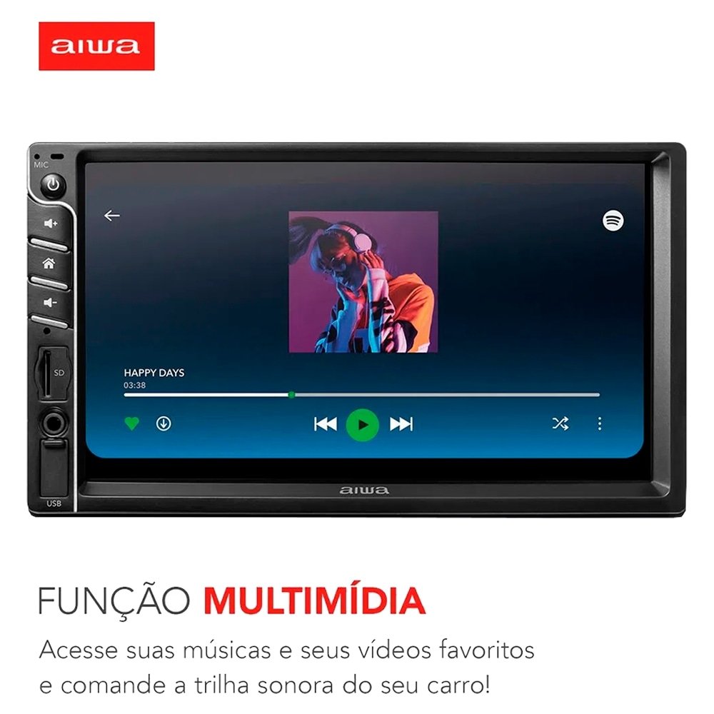 Som Automotivo Aiwa AWS-CA-DD-01 - Central Multimidia Car, USB, Aux, Pen Drive, SD Card, Preto, 100W RMS