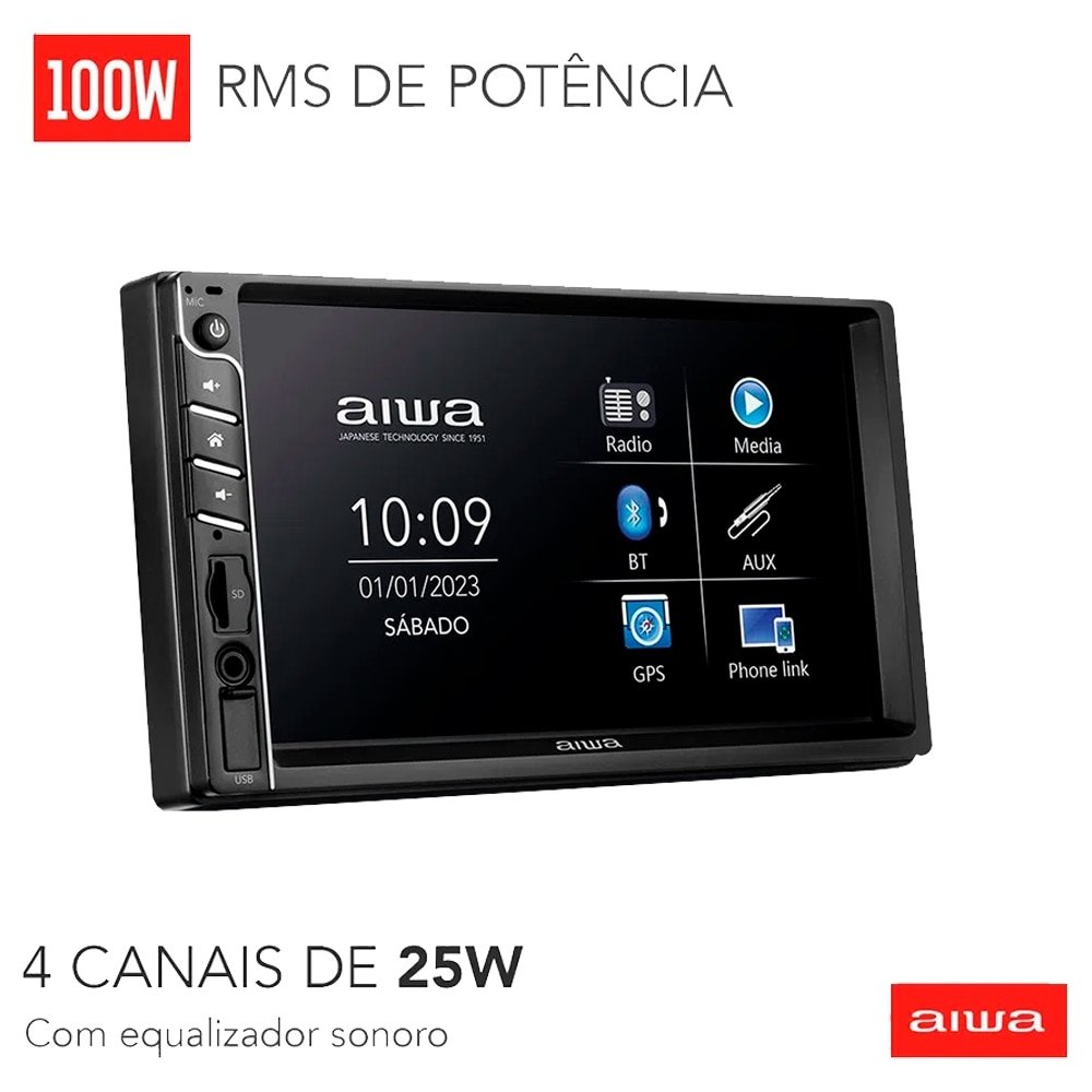 Som Automotivo Aiwa AWS-CA-DD-01 - Central Multimidia Car, USB, Aux, Pen Drive, SD Card, Preto, 100W RMS