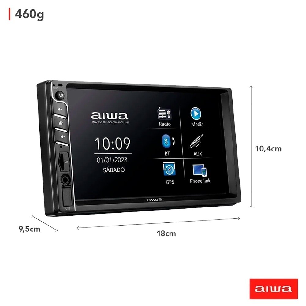 Som Automotivo Aiwa AWS-CA-DD-01 - Central Multimidia Car, USB, Aux, Pen Drive, SD Card, Preto, 100W RMS