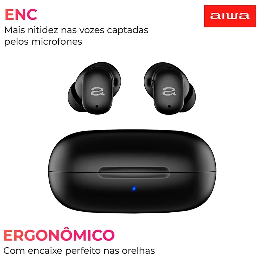 Fone de Ouvido Aiwa Earbud AWSEB03B | Bluetooth, Cancelamento de Ruído, Preto