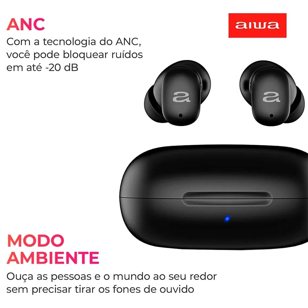 Fone de Ouvido Aiwa Earbud AWSEB03B | Bluetooth, Cancelamento de Ruído, Preto