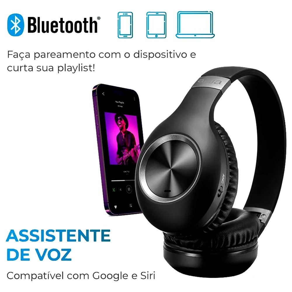 Fone de Ouvido Aiwa AWSHP02B - Bluetooth, Cancelamento de Ruído, Preto