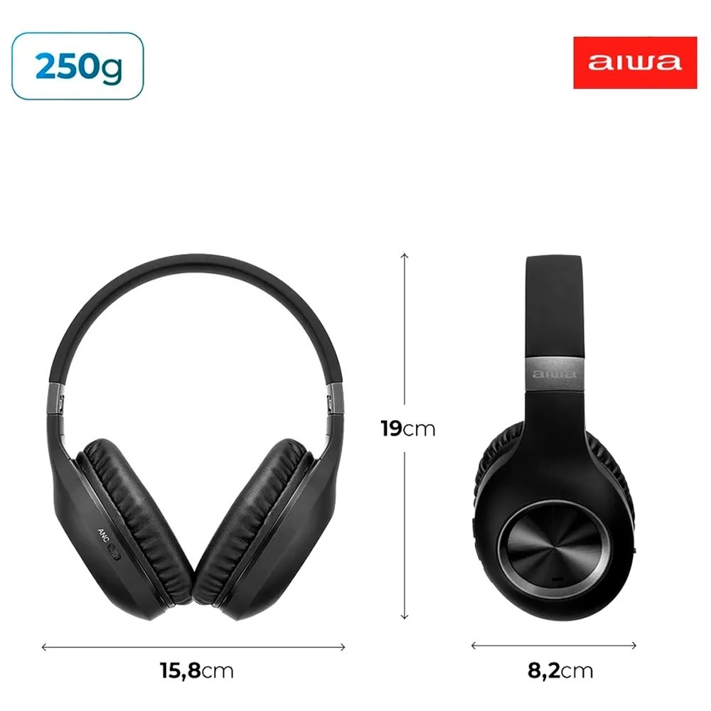 Fone de Ouvido Aiwa AWSHP02B - Bluetooth, Cancelamento de Ruído, Preto