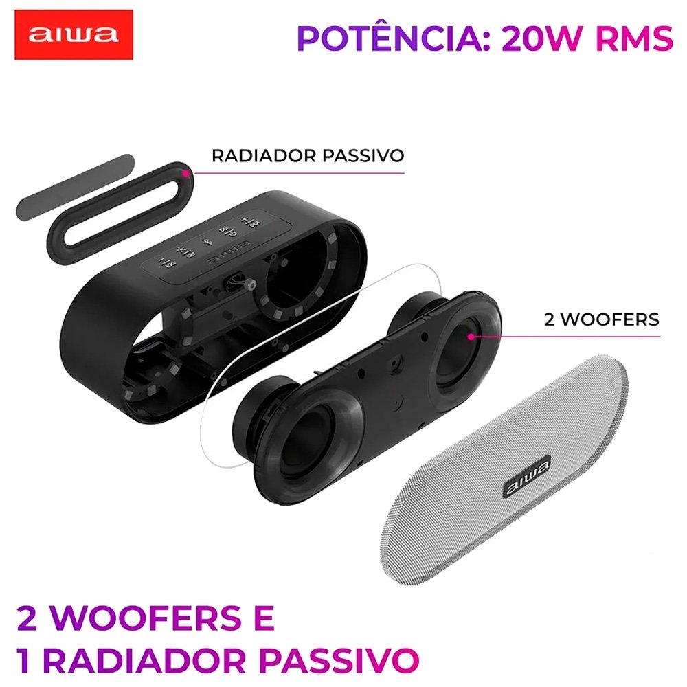 Caixa de Som Amplificada Aiwa Mini Speaker AWSP01 | Entrada Micro-SD, Pen Drive, Bluetooth, 20W RMS, Preto