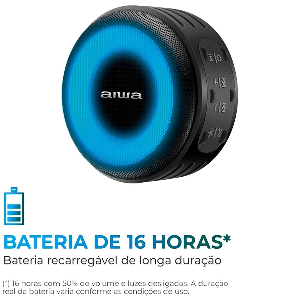 Caixa de Som Amplificada Aiwa Mini Speaker AWSSP02 - 7 Modos de Luz, Bluetooth, 200W RMS, Preto